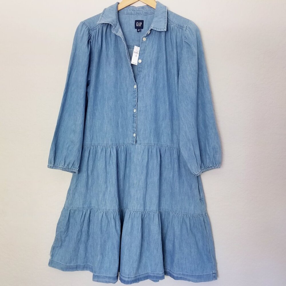 NEW Gap Puff Sleeve Denim Mini Shirtdress M Tall Long Chambray Tiered Boho $80 - Picture 12 of 15